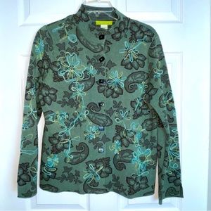 Sigrid Olsen Embroidered Cardigan Sweater Sage Green Black Petite M Jacket